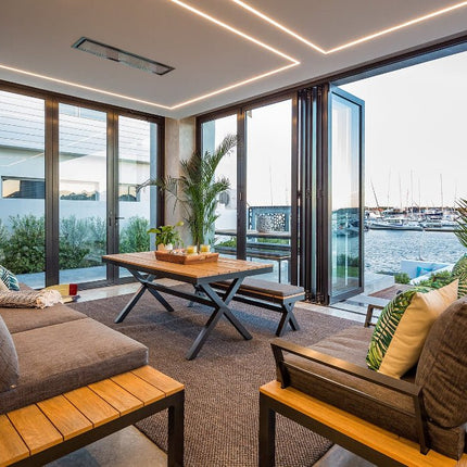 Recessed Bromic Tungsten outdoor heaters on a waterfront patio 