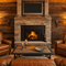 Wood fire place with stone hearth in a rustic wood style living room