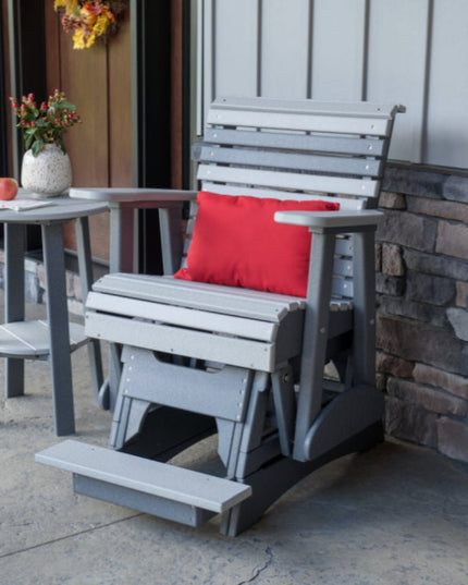 LuxCraft 2 foot balcony glider dove gray and slate with LuxCraft logo red lumbar cushion.