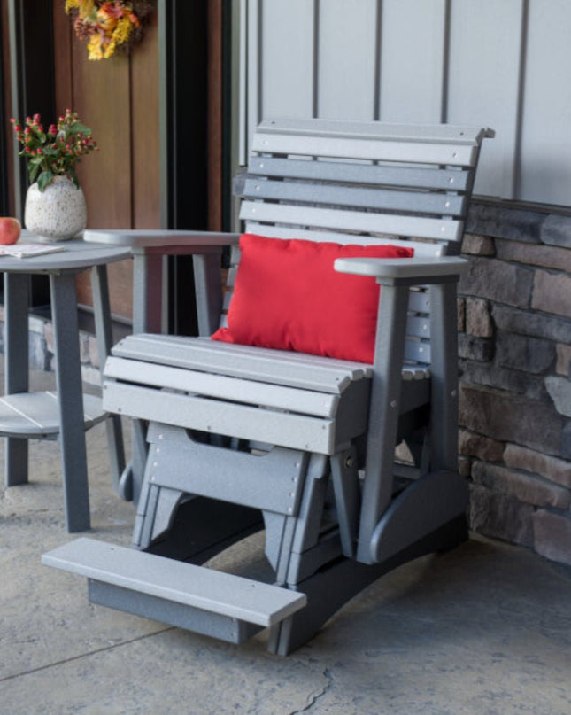 LuxCraft 2 foot balcony glider dove gray and slate with LuxCraft logo red lumbar cushion.