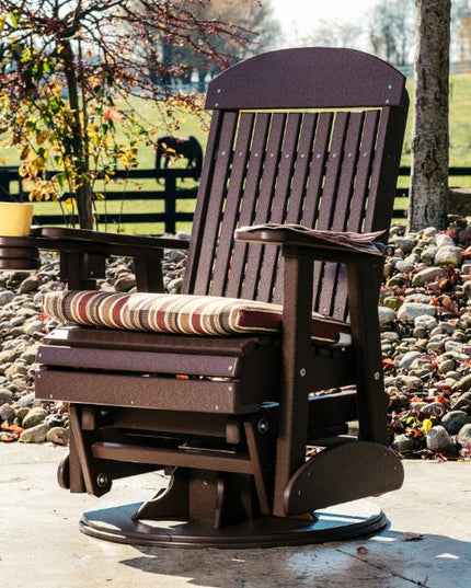 LuxCraft classic swivel glider with cup holder accessory and 2 foot cushion with brannon redwood fabric