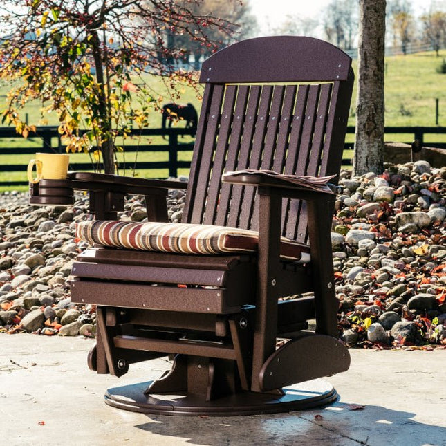 LuxCraft classic swivel glider with cup holder accessory and 2 foot cushion with brannon redwood fabric