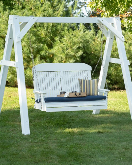 LuxCraft A-Frame Swing Stand featured in white vinyl with a 4' Classic Swing and 15" Toss pillow in Foster Metallic.