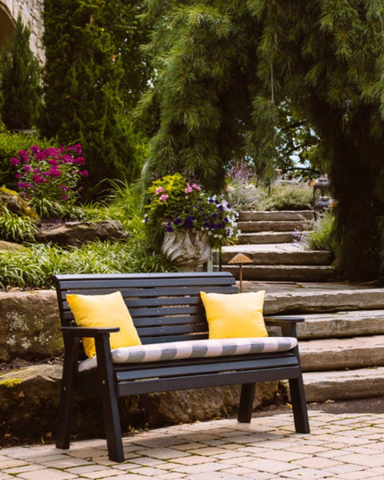 LuxCraft Plain Bench black with LuxCraft buttercup cushion and Solana Seagull bench cushion.