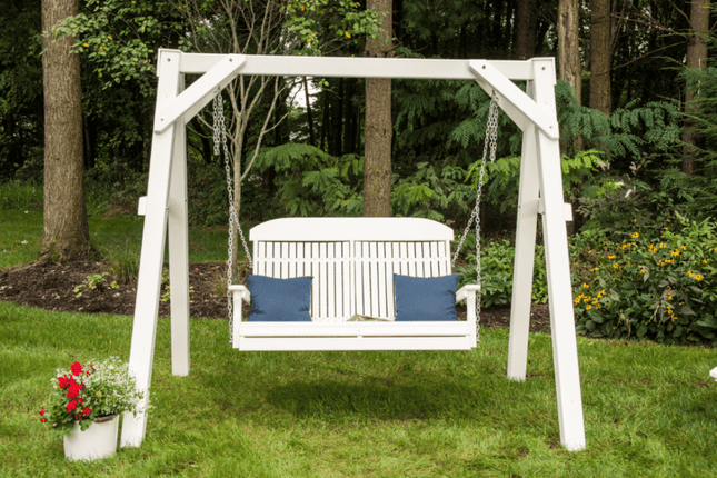 4 foot classic poly swing white on A frame with blue pillows
