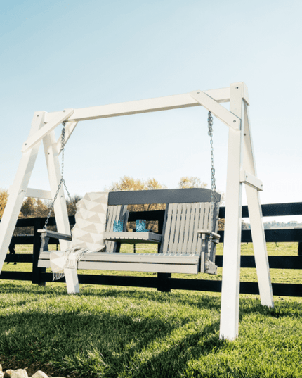 5 foot classic poly swing, dove gray slate near fence