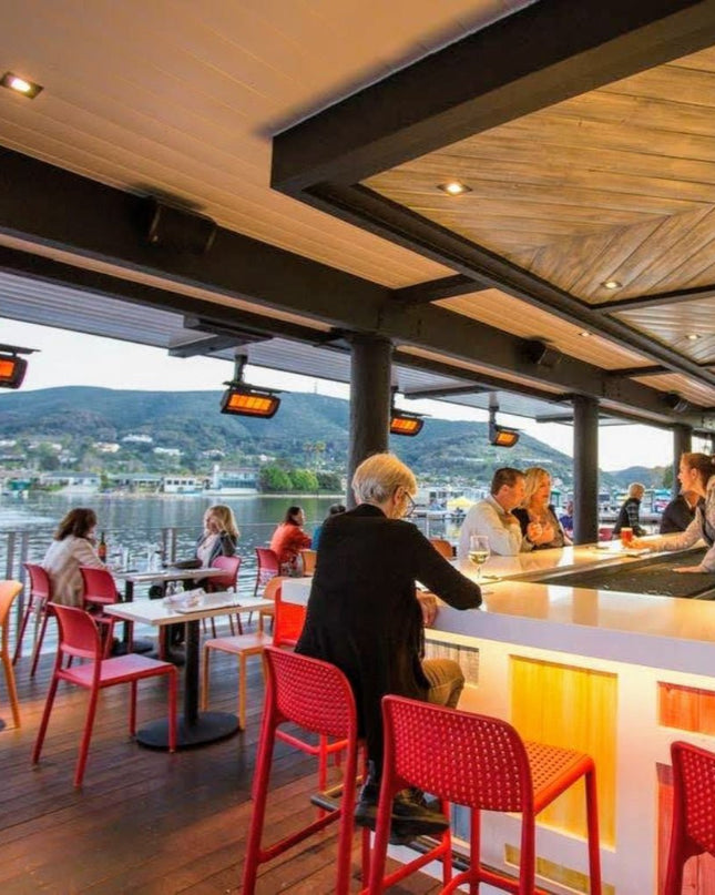 Bromic Tungsten Smart Heat 500 Gas Heaters being used in a restaurant on a lake.