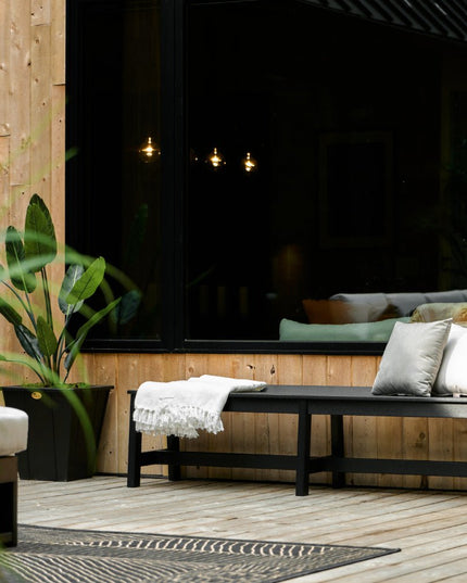 LuxCraft Cafe Dining Bench 72 inch on patio with LuxCraft cushions 