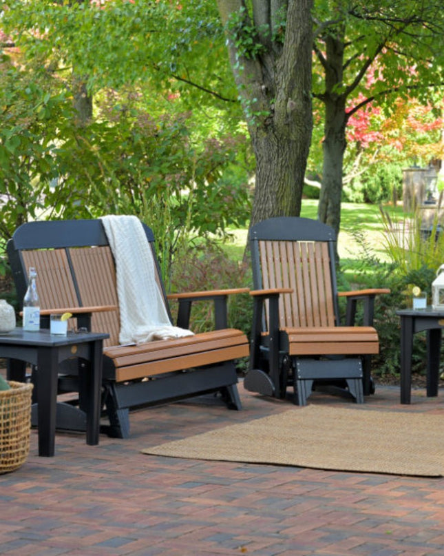 LuxCraft 4 foot classic glider cedar and black with 2 foot glider and Island end table