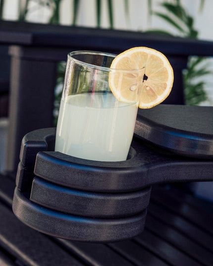 LuxCraft Slide Out Cup Holder featured in Black on a Adirondack Glider.