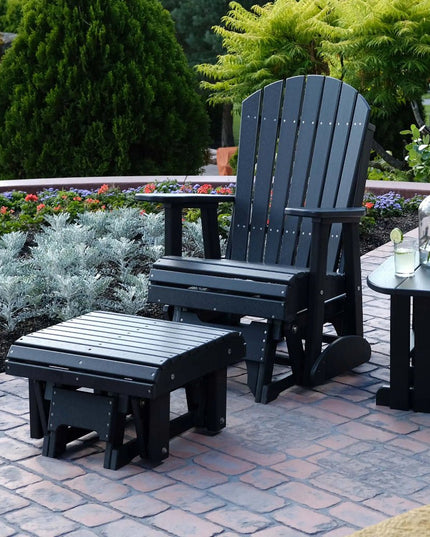 LuxCraft Glider Footrest featured in Black with 2' Adirondack Glider and Coffee Table.