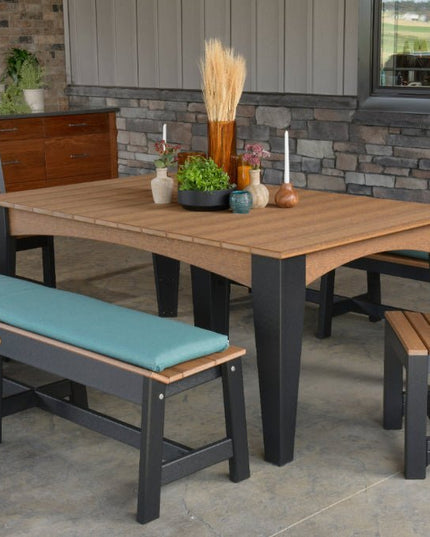 Lux craft island chairs featured in Antique Mahogany and lack with LuxCraft Island table, Café Dining Bench and lounge cushion.