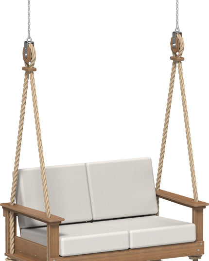 Mahogany polywood swing with canvas cushions on a white background