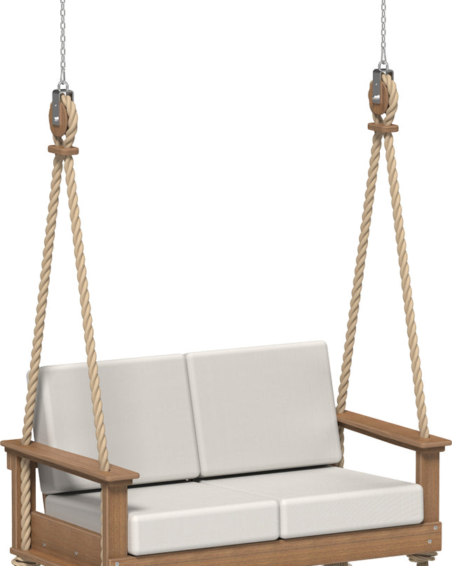 Mahogany polywood swing with canvas cushions on a white background