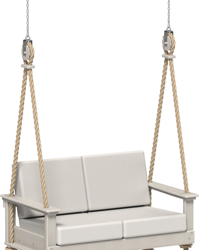 Birch polywood swing with white canvas cushions on white background