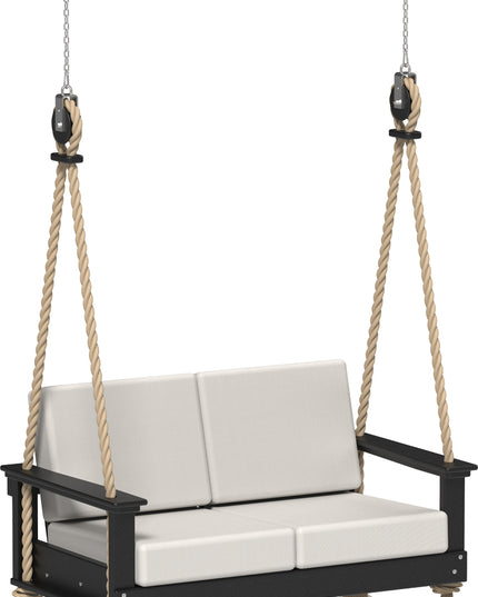 Wooden swing with canvas cushions on a white background