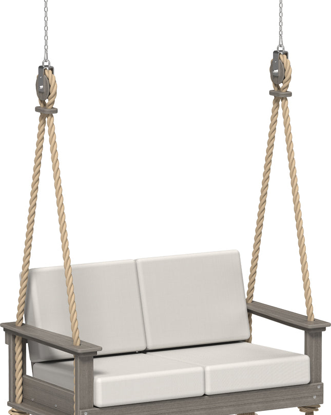 Coastal Gray swing with white canvas cushions on a white background