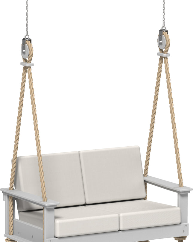 Dove Gray polywood swing with canvas cushions on a white background