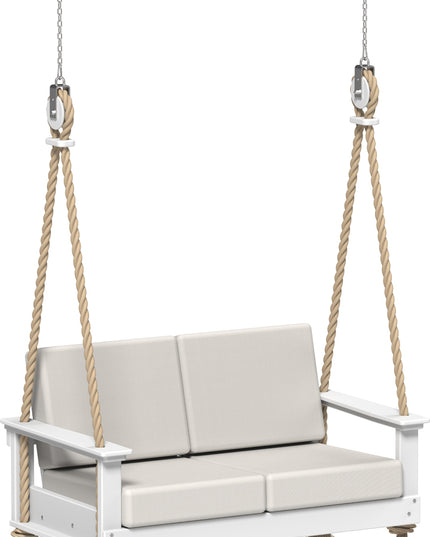 White swing with beige cushions on a white background