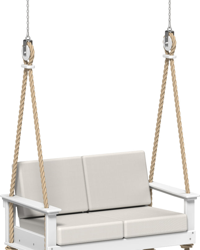 White swing with beige cushions on a white background