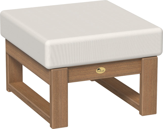 Polywood ottoman with mahogany frame and white cushion on a white background