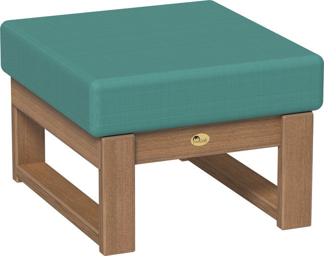 Polywood ottoman with teal cushion and mahogany frame on a white background