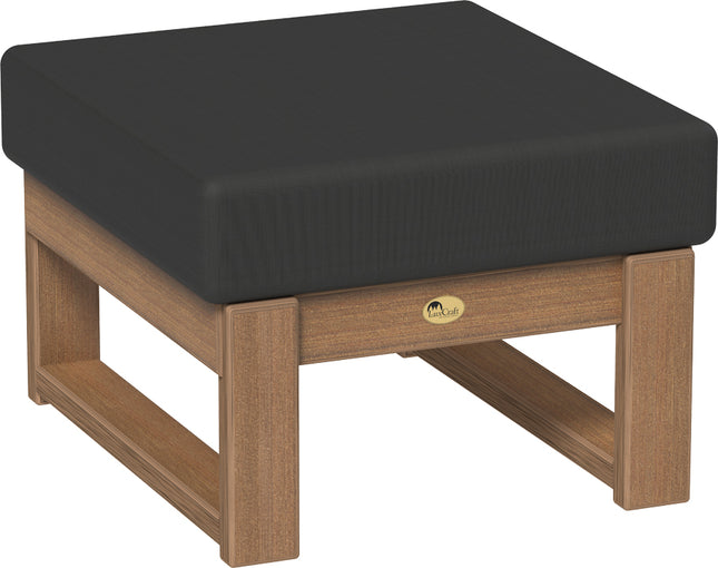 Polywood ottoman with a black cushion and mahogany frame on a white background