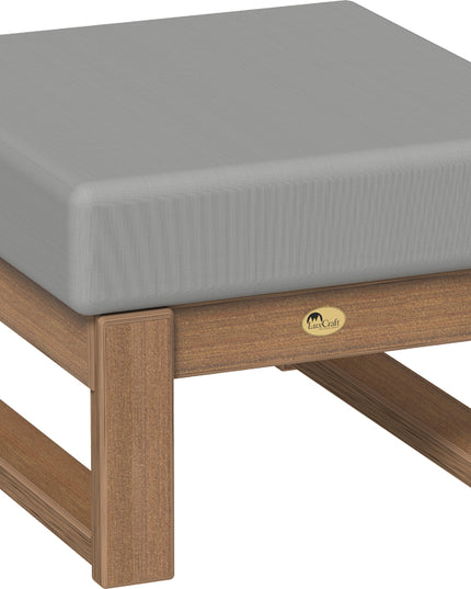 Polywood ottoman with gray cushion and mahogany frame on a white background