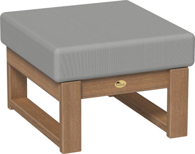 Polywood ottoman with gray cushion and mahogany frame on a white background