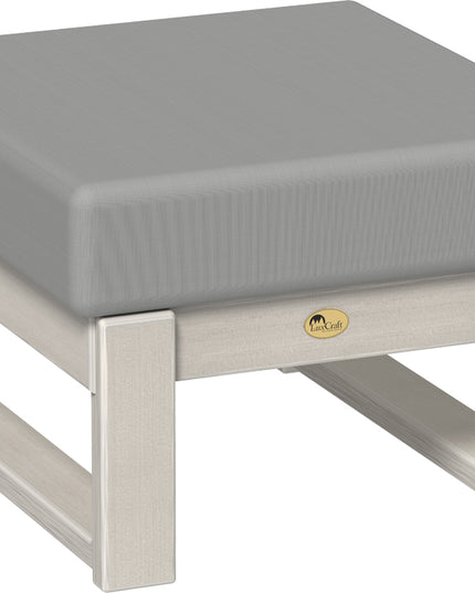 Gray cushioned ottoman with a birch frame on a white background