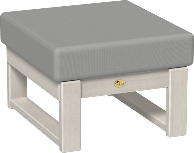 Gray cushioned ottoman with a birch frame on a white background
