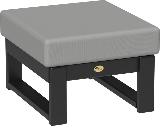 Gray cushioned stool with black frame on a white background