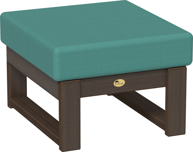 Cast Breeze cushioned ottoman with Brazilian Walnut frame on a white background