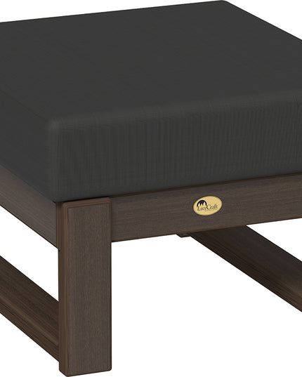 Black cushioned ottoman with Brazilian Walnut legs on a white background