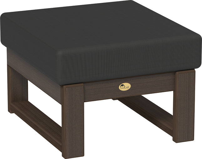 Black cushioned ottoman with Brazilian Walnut legs on a white background
