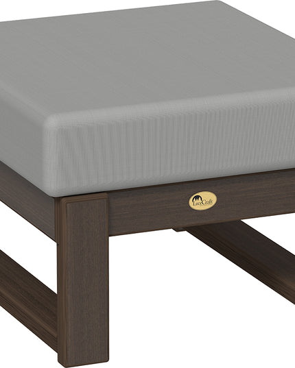 Gray cushioned ottoman with Brazilian Walnut frame on a white background