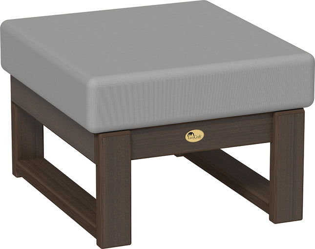 Gray cushioned ottoman with Brazilian Walnut frame on a white background