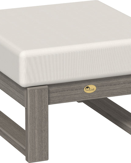 Polywood ottoman with white cushion and coastal gray frame on a white background