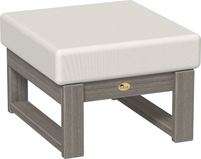 Polywood ottoman with white cushion and coastal gray frame on a white background