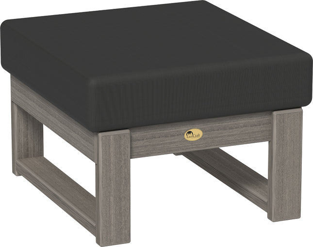 Polywood ottoman with black cushion and coastal gray frame  on a white background