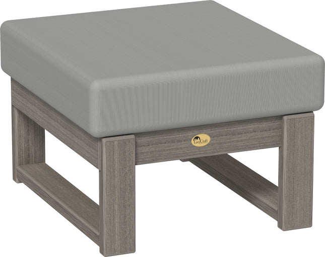 Gray cushioned ottoman with coastal gray frame on a white background