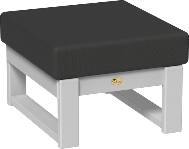 Black cushioned ottoman with a white frame on a white background