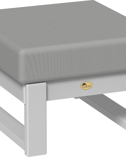 Gray cushioned ottoman with a gray frame on a white background