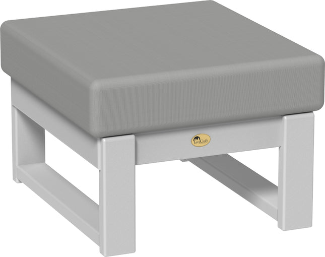 Gray cushioned ottoman with a gray frame on a white background