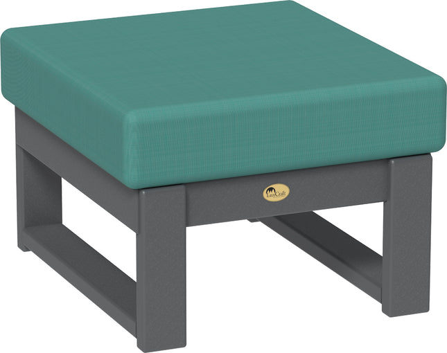 Cast Breeze cushioned ottoman with gray frame on a white background