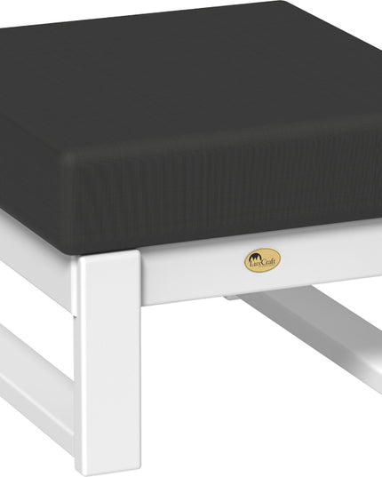 Black cushioned ottoman with white frame on a white background