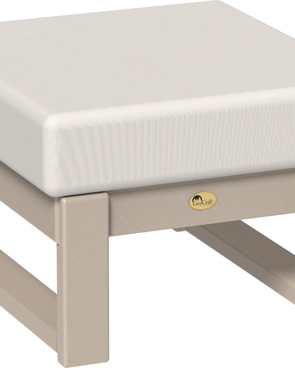 polywood ottoman with a canvas cushion and beige frame on a white background
