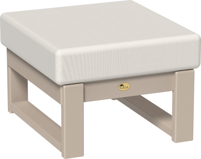 polywood ottoman with a canvas cushion and beige frame on a white background
