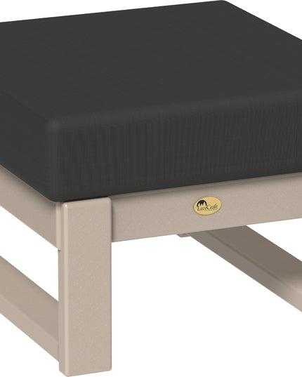 Polywood ottoman with black cushion and beige frame on a white background