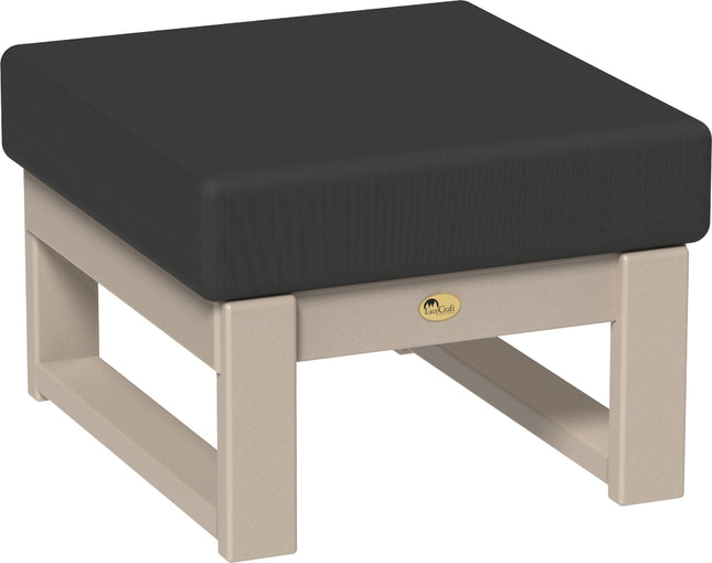 Polywood ottoman with black cushion and beige frame on a white background